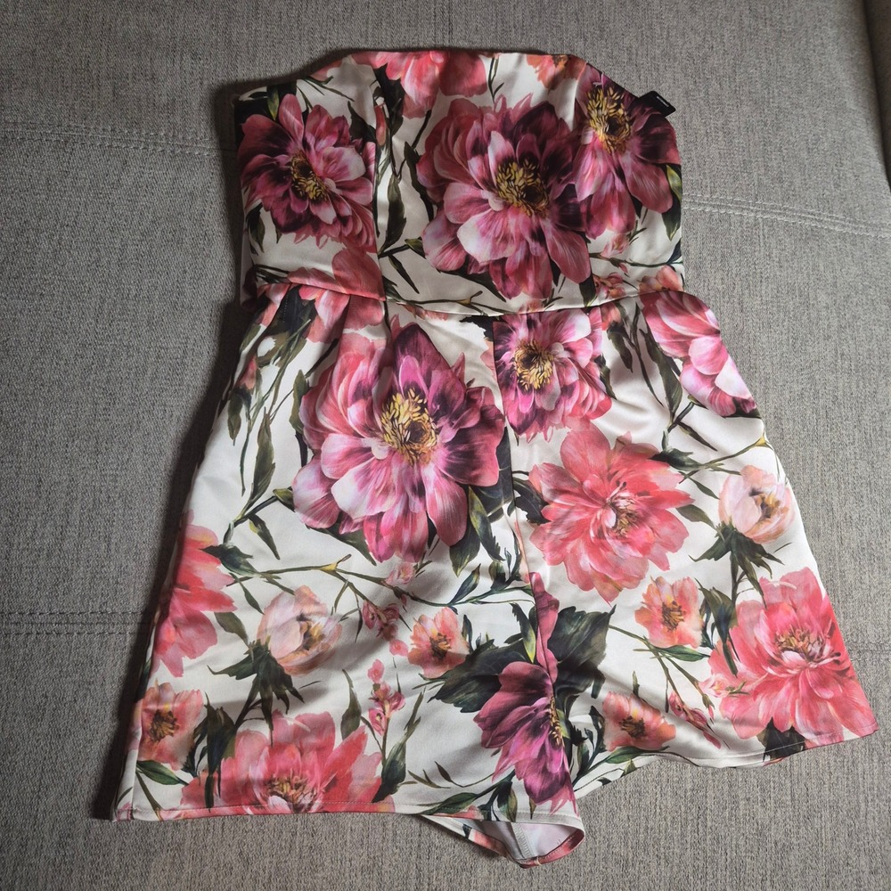 Express Strapless Floral Romper Pink White Peony Print Bow Back Satin Size 4